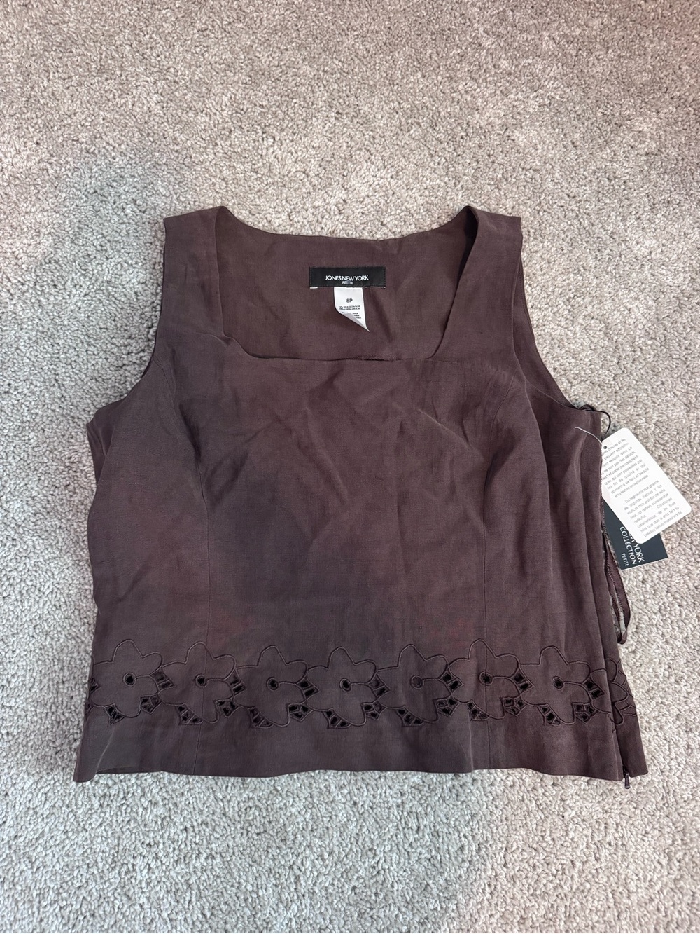 NWT Jones New York brown silk & linen blouse with floral embroidery on the hem